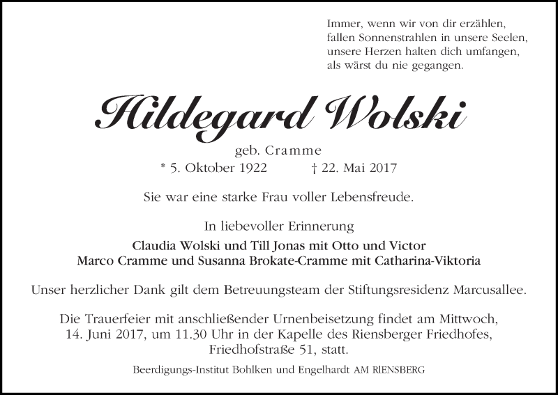 Traueranzeige von Hildegard Wolski von WESER-KURIER