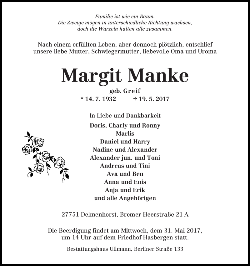 Traueranzeige von Margit Manke von WESER-KURIER