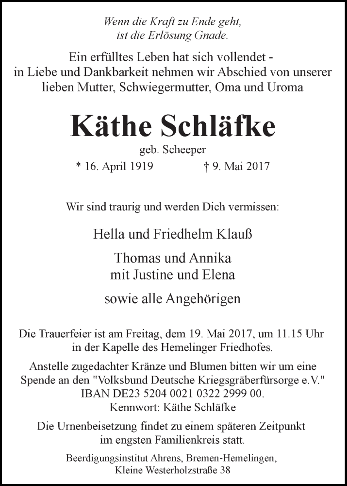 Traueranzeige von Käthe Schläfke von WESER-KURIER