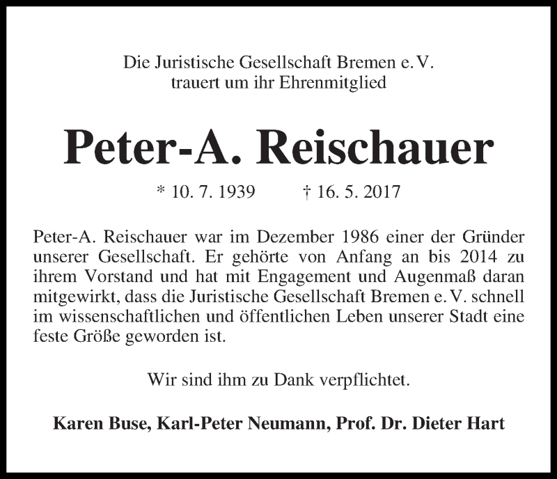 Traueranzeige von Peter-A. Reischauer von WESER-KURIER
