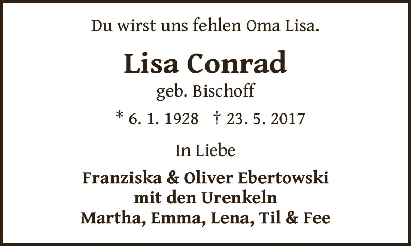 Traueranzeige von Lisa Conrad von WESER-KURIER