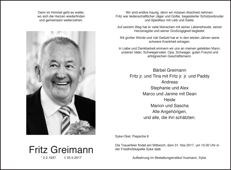 Traueranzeige von Fritz Greimann von WESER-KURIER