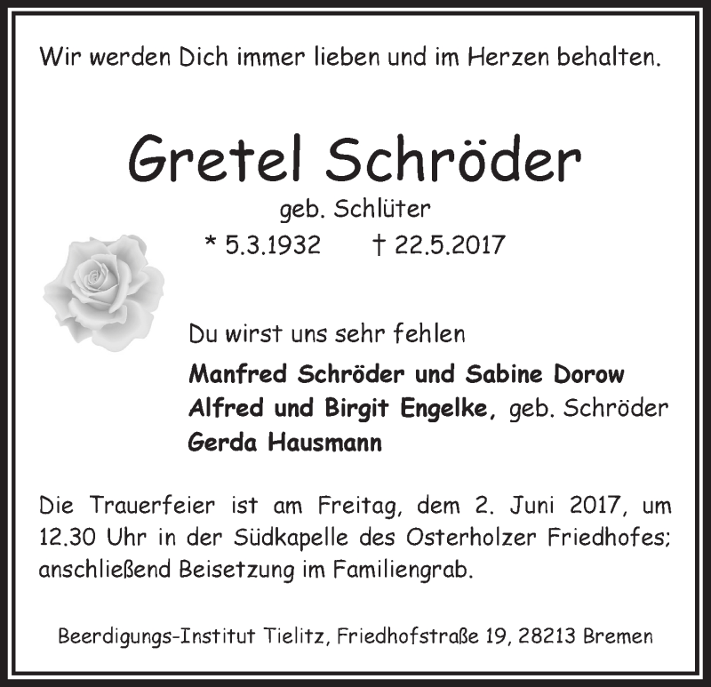 Traueranzeige von Gretel Schröder von WESER-KURIER