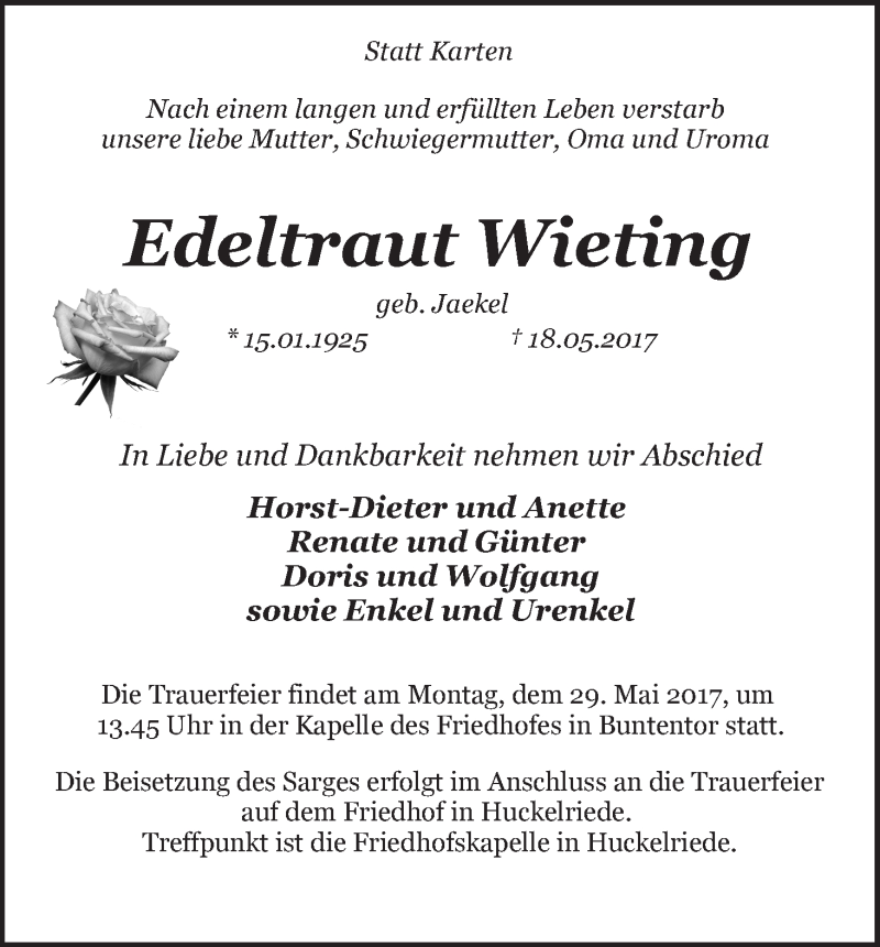 Traueranzeige von Edeltraut Wieting von WESER-KURIER