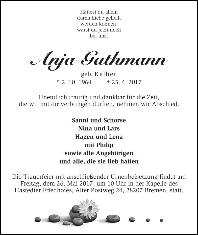 Traueranzeige von Anja Gathmann von WESER-KURIER