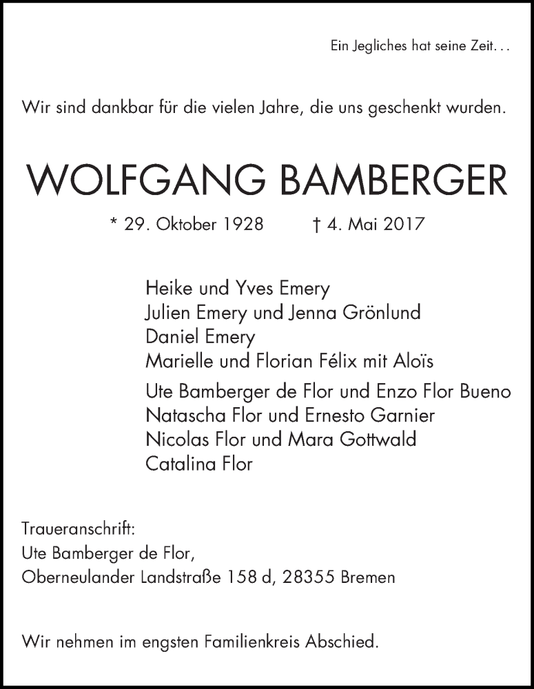 Traueranzeige von Wolfgang Bamberger von WESER-KURIER
