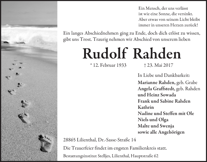 Traueranzeige von Rudolf Rahden von Wuemme Zeitung