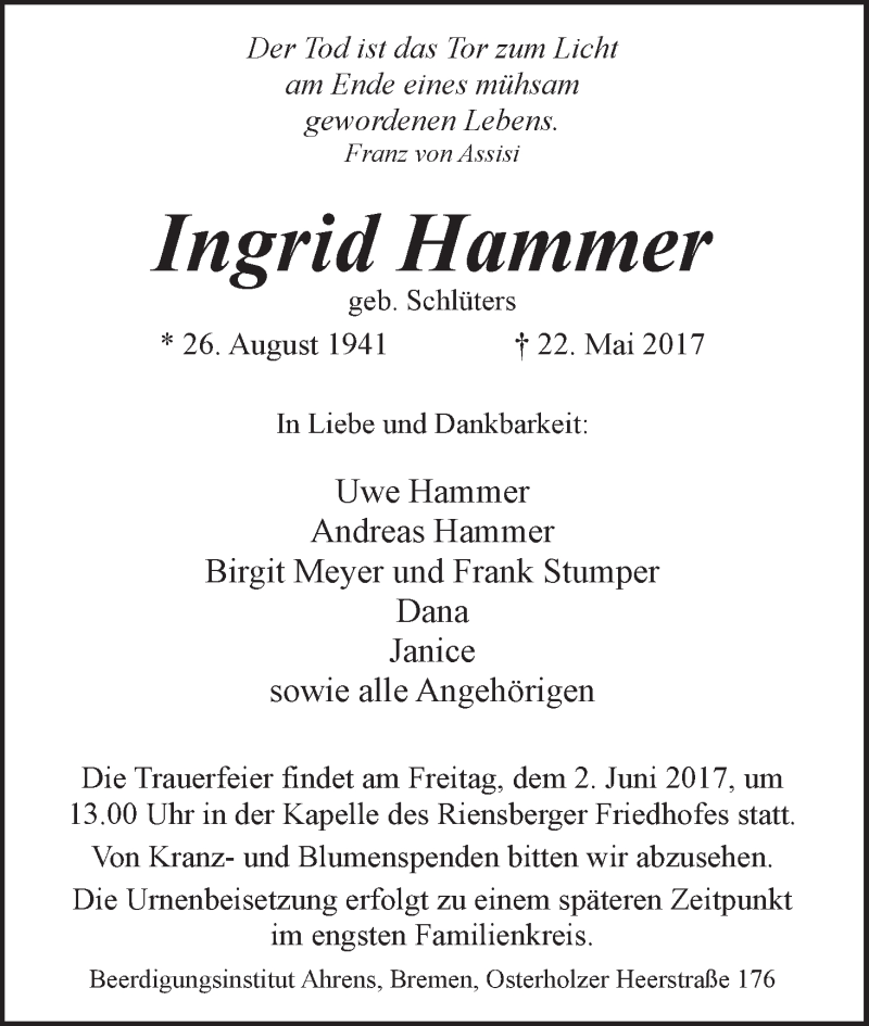 Traueranzeige von Ingrid Hammer von WESER-KURIER