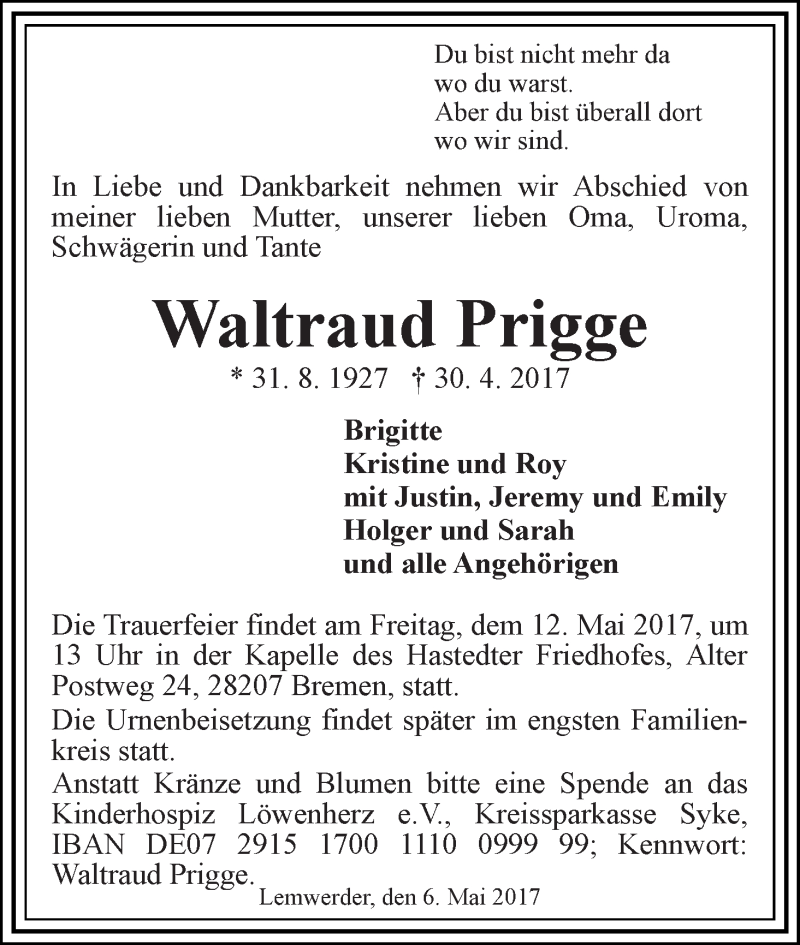 Traueranzeige von Waltraud Prigge von WESER-KURIER