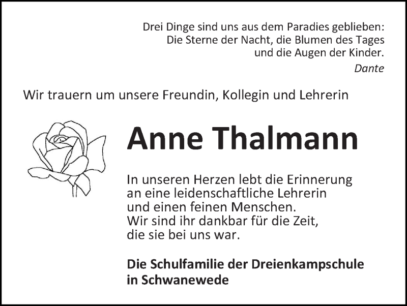 Traueranzeige von Anne Thalmann von WESER-KURIER