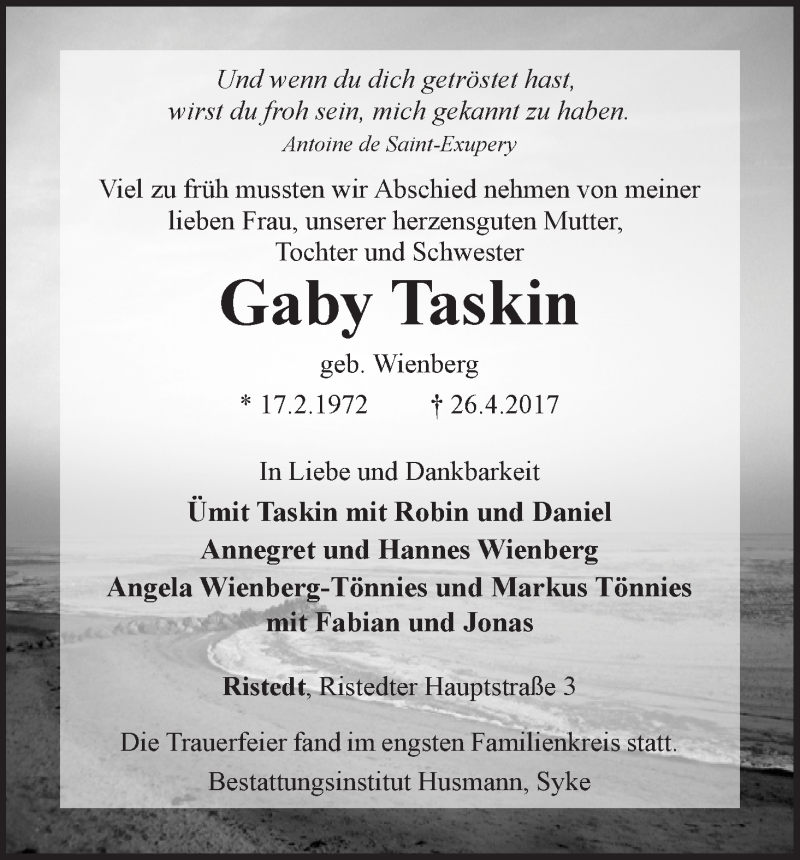Traueranzeige von Gaby Taskin von WESER-KURIER
