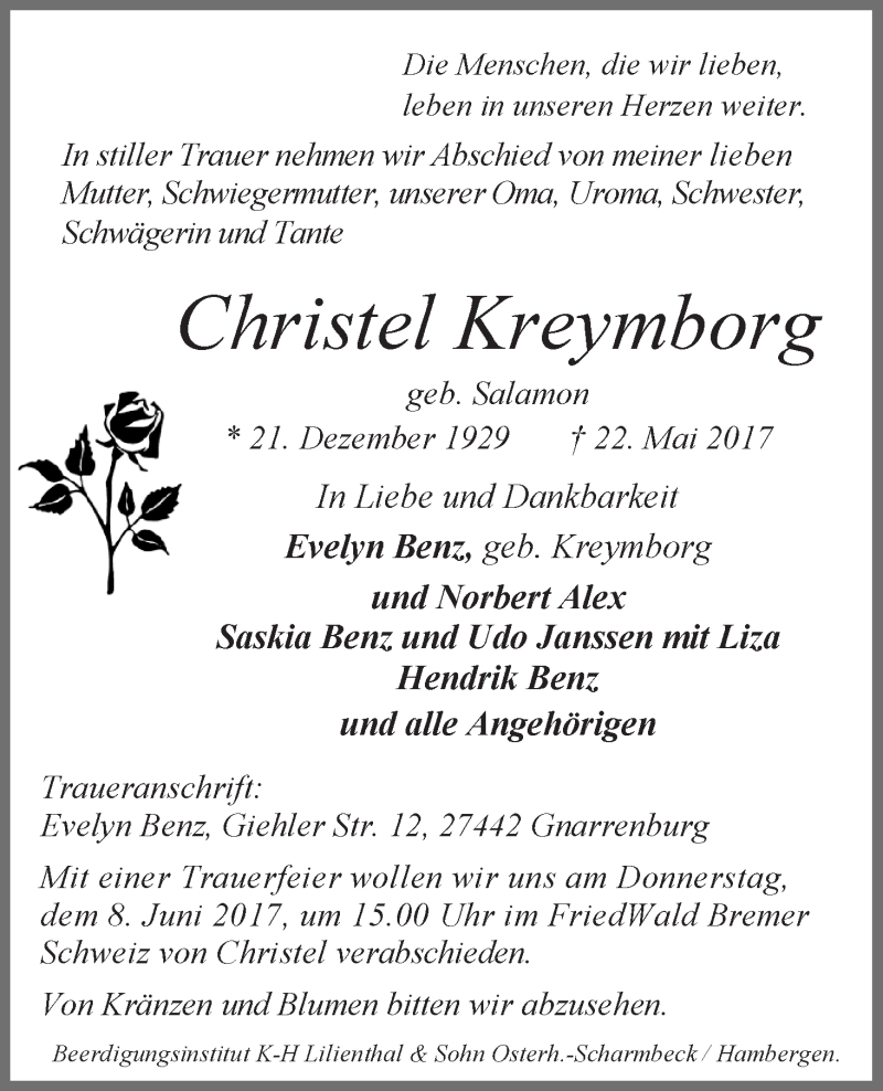 Traueranzeige von Christel Kreymborg von WESER-KURIER