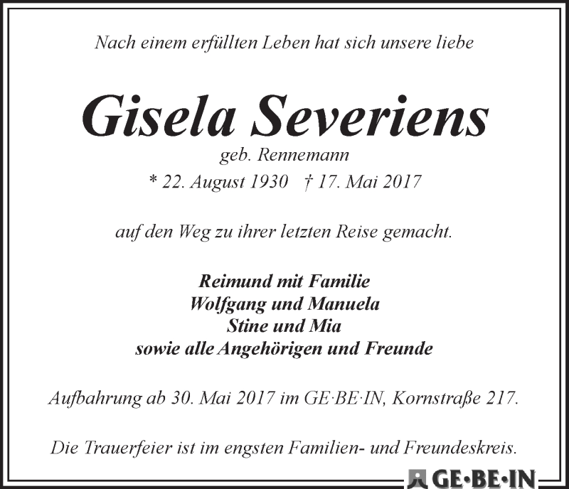 Traueranzeige von Gisela Severiens von WESER-KURIER