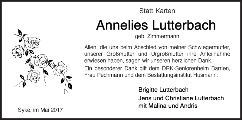 Traueranzeige von Annelies Lutterbach von WESER-KURIER