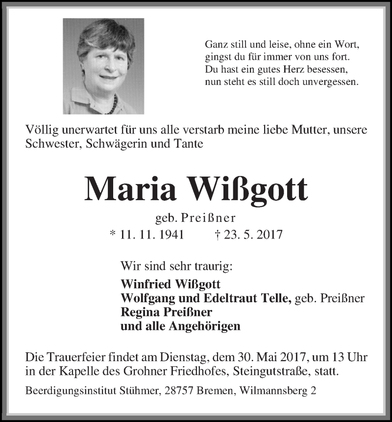 Traueranzeige von Maria Wiß?gott von Die Norddeutsche