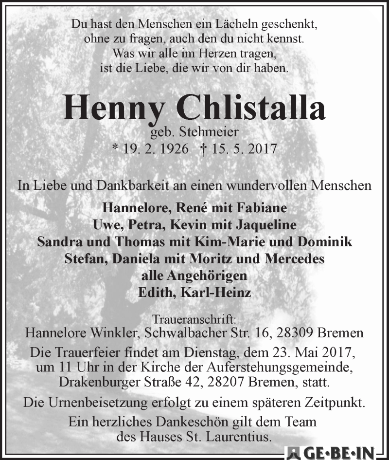 Traueranzeige von Henny Chlistalla von WESER-KURIER