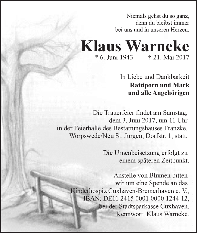 Traueranzeige von Klaus Warneke von WESER-KURIER