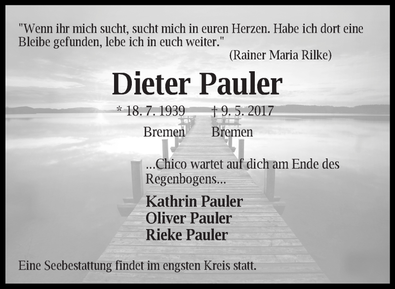 Traueranzeige von Dieter Pauler von WESER-KURIER