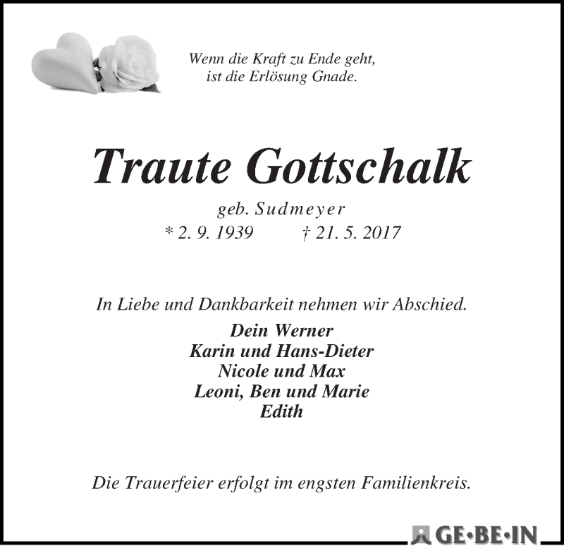 Traueranzeige von Traute Gottschalk von WESER-KURIER