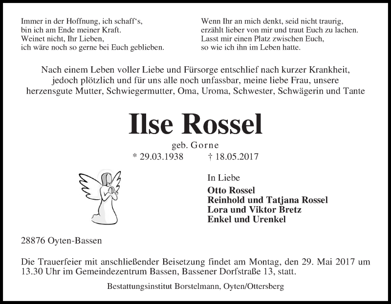 Traueranzeige von Ilse Rossel von Achimer Kurier/Verdener Nachrichten
