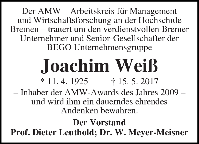 Traueranzeige von Joachim Weiß von WESER-KURIER