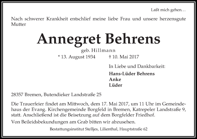 Traueranzeige von Annegret Behrens von Wuemme Zeitung