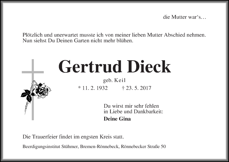 Traueranzeige von Gertrud Dieck von Die Norddeutsche