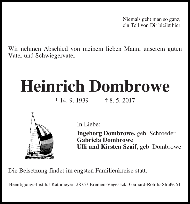 Traueranzeige von Heinrich Dombrowe von Die Norddeutsche