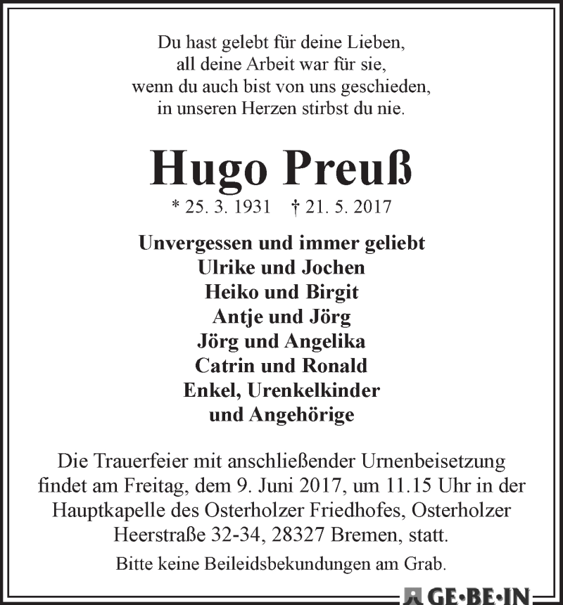 Traueranzeige von Hugo Preuß von WESER-KURIER