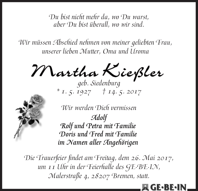 Traueranzeige von Martha Kieß?ler von WESER-KURIER