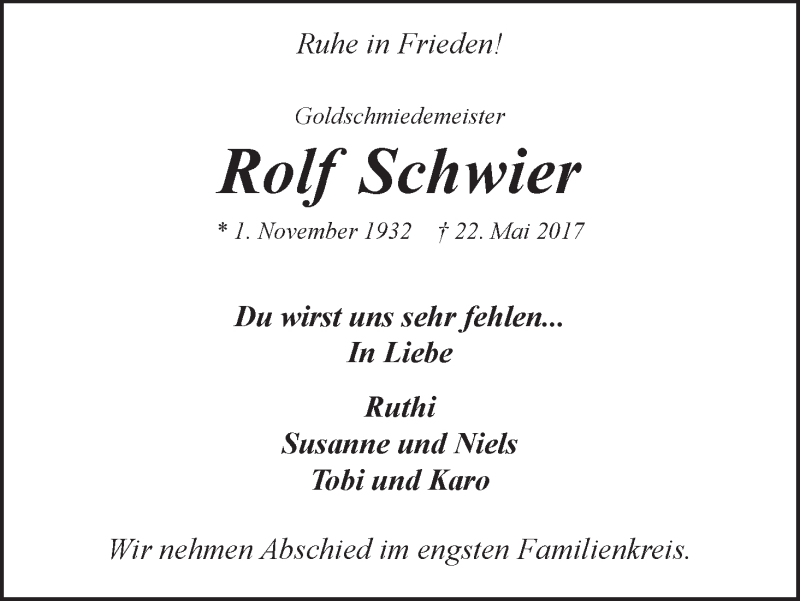 Traueranzeige von Rolf Schwier von WESER-KURIER