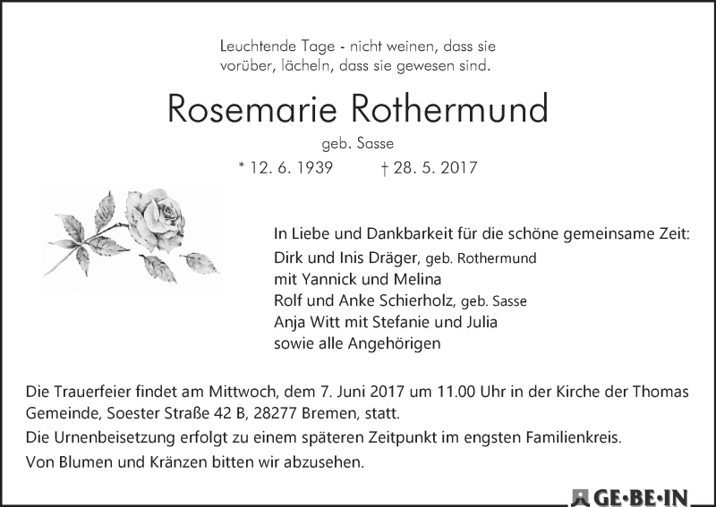 Traueranzeige von Rosemarie Rothermund von WESER-KURIER