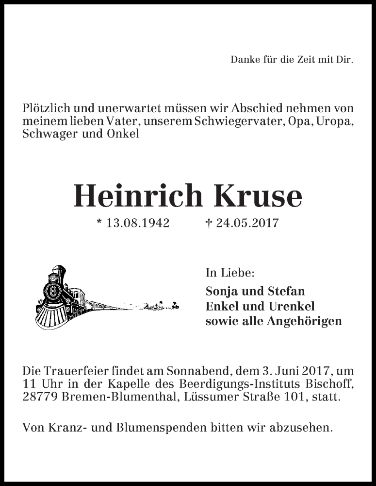 Traueranzeige von Heinrich Kruse von WESER-KURIER
