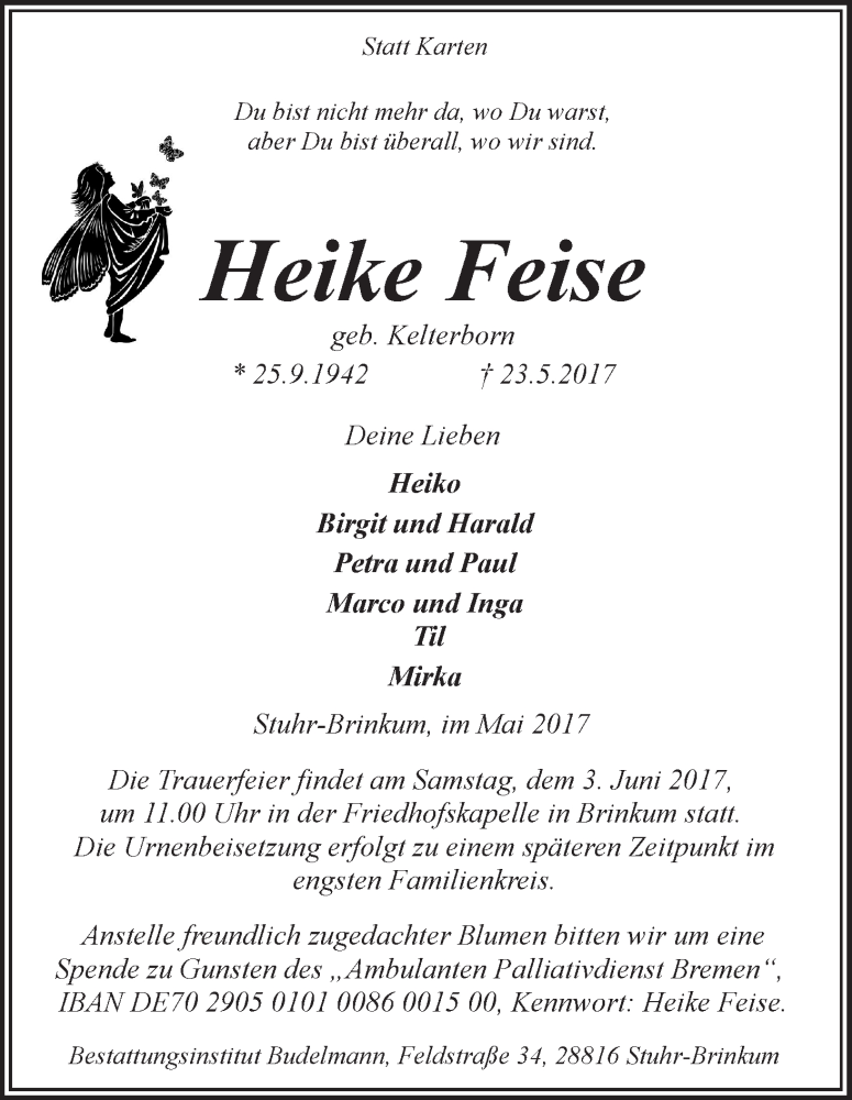 Traueranzeige von Heike Feise von Regionale Rundschau/Syker Kurier