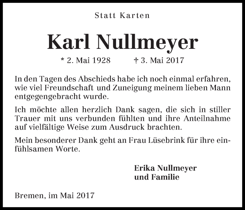 Traueranzeige von Karl Nullmeyer von WESER-KURIER