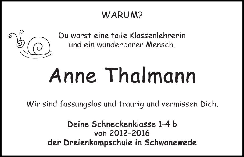 Traueranzeige von Anne Thalmann von Die Norddeutsche