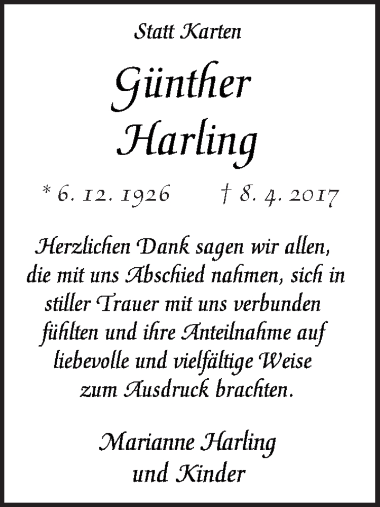 Traueranzeige von Günther Harling von WESER-KURIER
