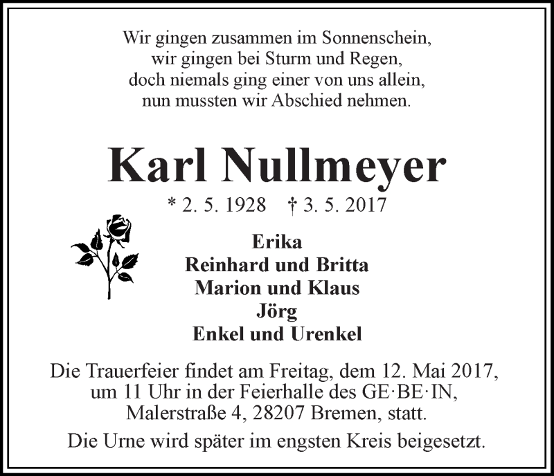 Traueranzeige von Karl Nullmeyer von WESER-KURIER