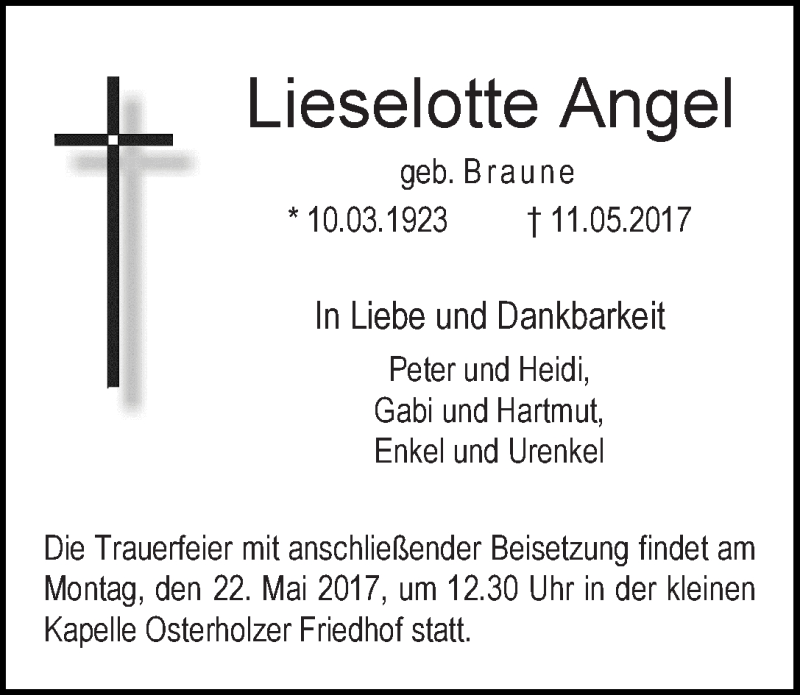 Traueranzeige von Lieselotte Angel von WESER-KURIER