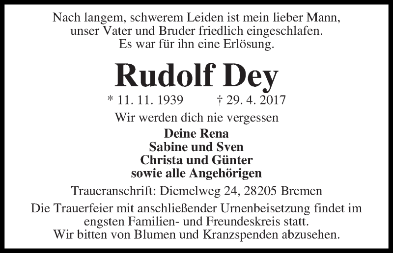 Traueranzeige von Rudolf Dey von WESER-KURIER