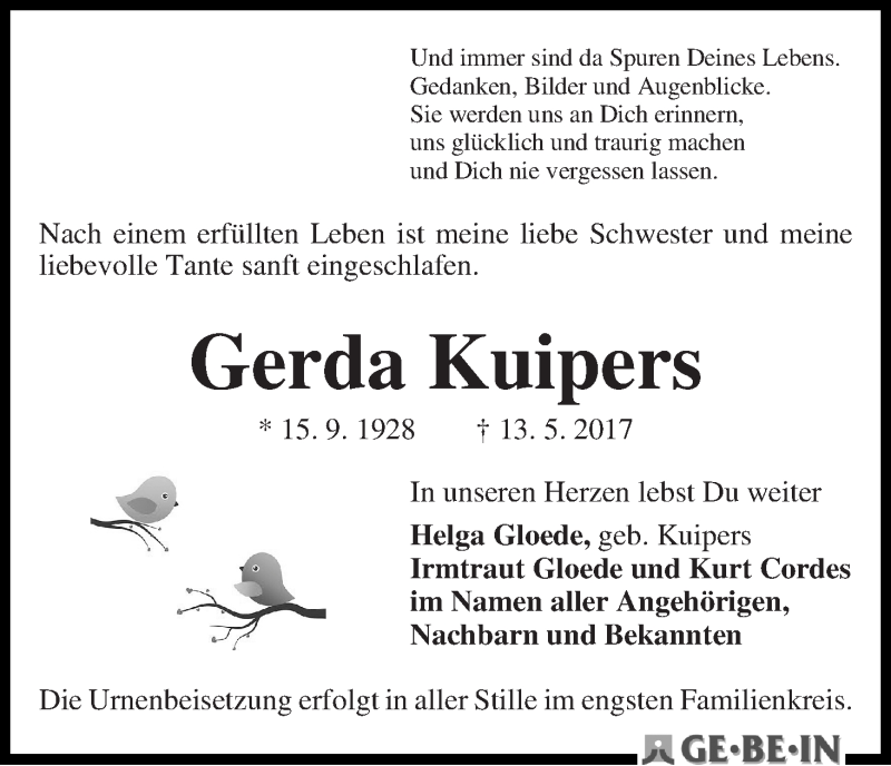 Traueranzeige von Gerda Kuipers von WESER-KURIER