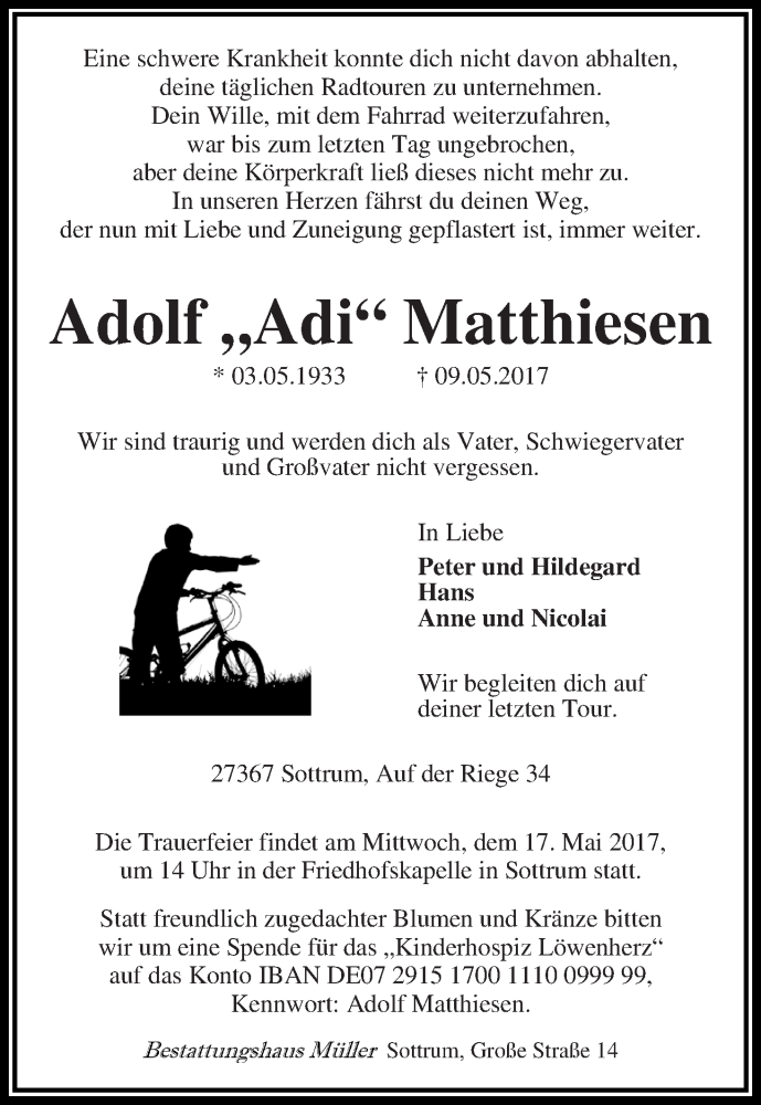 Traueranzeige von Adolf  Matthiesen von WESER-KURIER