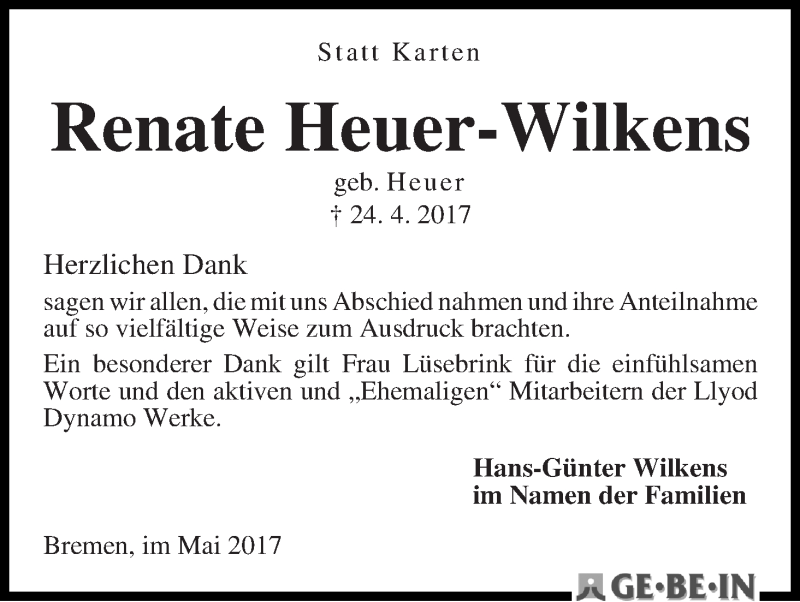 Traueranzeige von Renate Heuer-Wilkens von WESER-KURIER