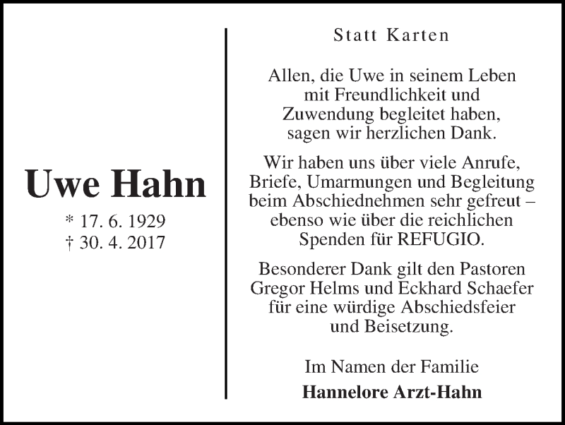 Traueranzeige von Uwe Hahn von WESER-KURIER