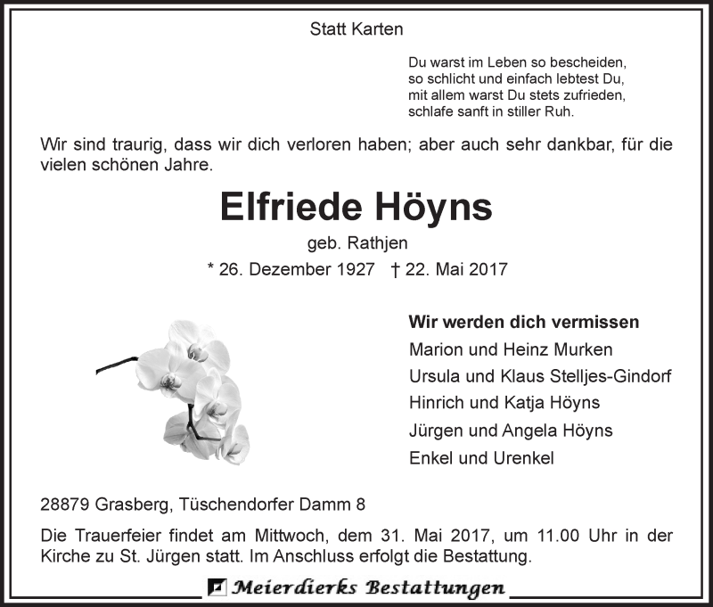 Traueranzeige von Elfriede Höyns von Wuemme Zeitung