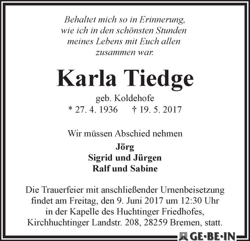 Traueranzeige von Karla Tiedge von WESER-KURIER