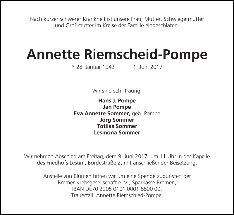 Traueranzeige von Annette Riemscheid-Pompe von WESER-KURIER