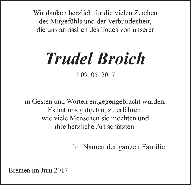Traueranzeige von Hedwig (Trudel) Broich von WESER-KURIER