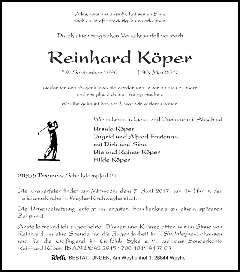 Traueranzeige von Reinhard Köper von WESER-KURIER