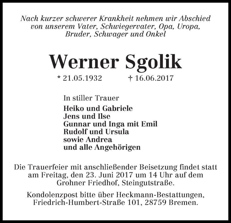 Traueranzeige von Werner Sgolik von Die Norddeutsche